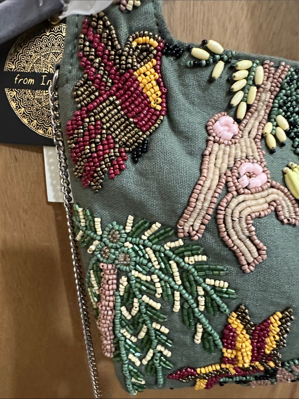 From India to You Embroidered Beaded Mini Bag in Green - Handmade Accent Purse - Picture 4 of 11
